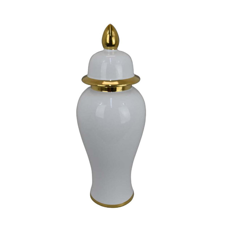 Risy Covered Jar, Gold Finial, White Curved Ceramic Base, 17" H x 7" W x 7" D