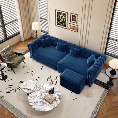 Chesterfield Sofa,89 " W 3-in-1 Pull-Out Sofa Bed, Convertible Sleeper Sofa Bed,King Size Sofa Bed, Chaise Lounge,Velvet 3-Seater Sofa with Movable Ot