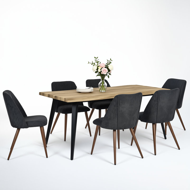 Ensemble de salle à manger moderne Negin 7 pièces 63 po avec table à bords naturels aspect bois et chaises rembourrées, 6