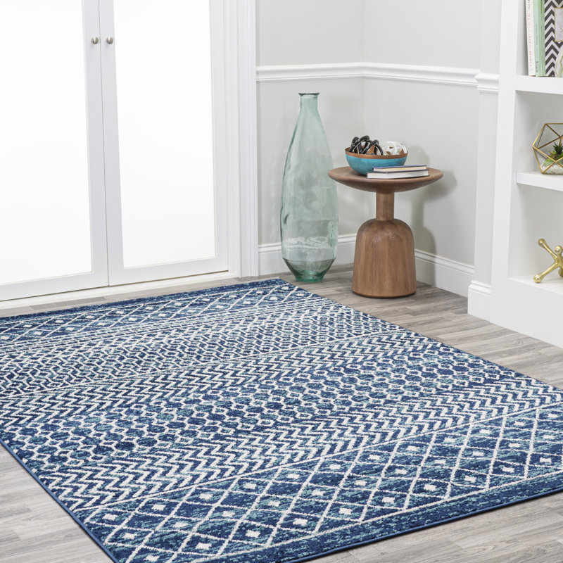 Bouvard Moroccan Vintage Geometric Navy/Cream Rug, Rectangle 3' x 5'