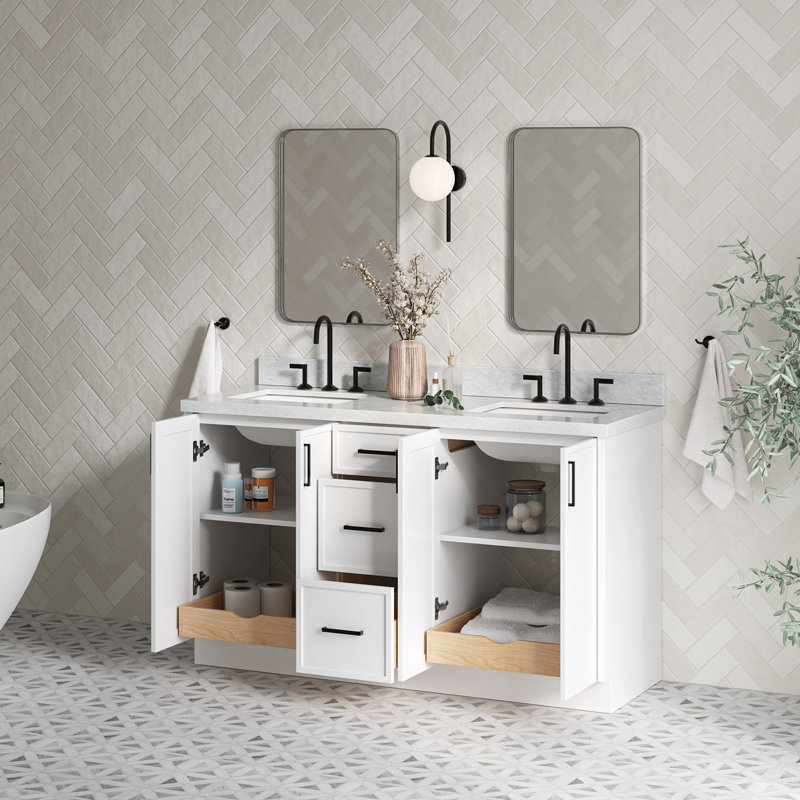 Ariel Kelly 61 Inch Double Rectangular Sink Bathroom Vanity With Italian Carrara Marble Countertop, White