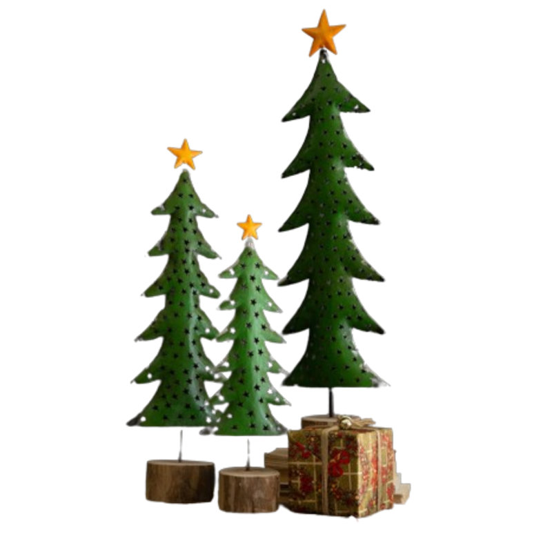  Ensemble de 3 arbres de Noël en métal recyclé sur base de bois - Pois verts