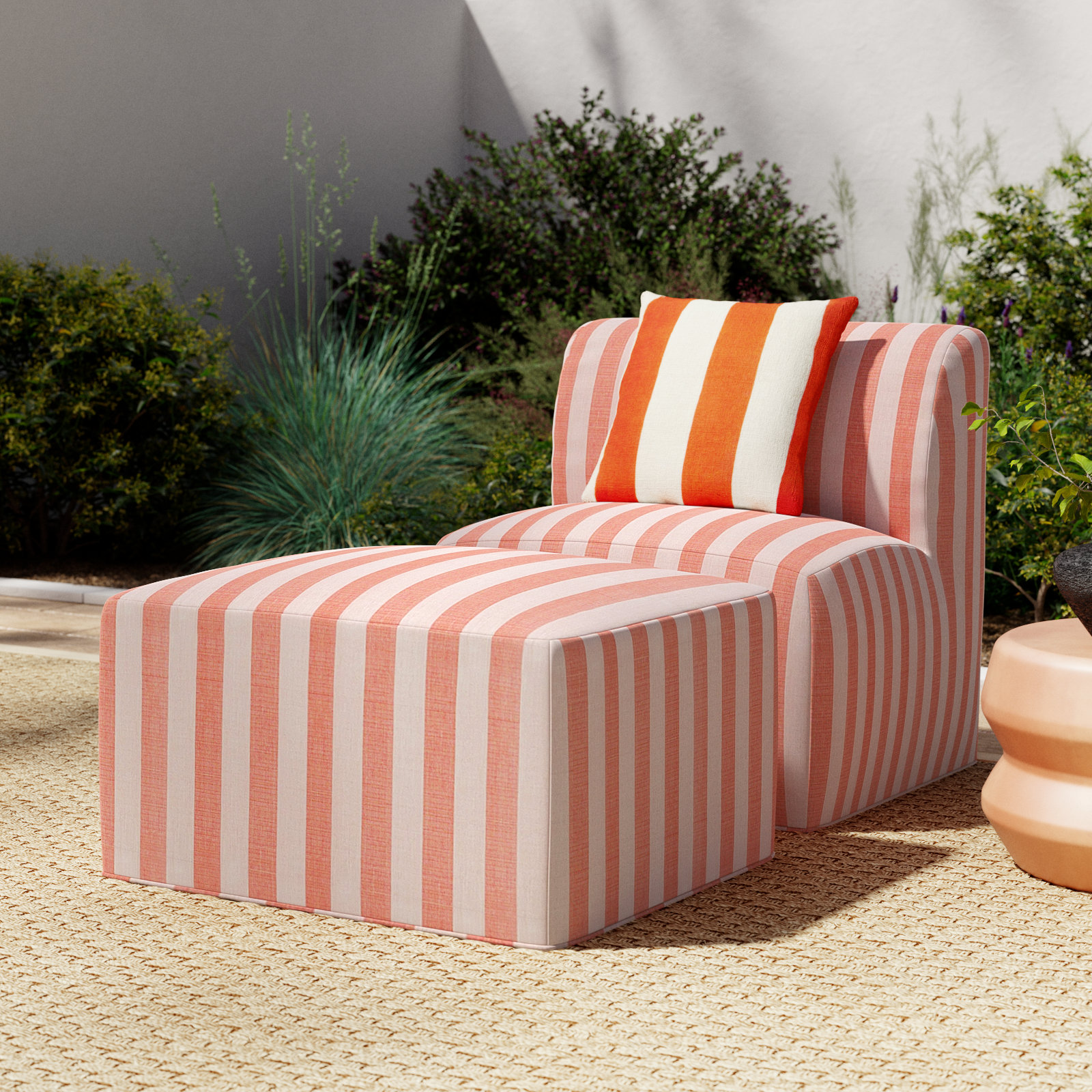 Praia Sunbrella Outdoor Lounge Chairs Set With Ottomans, Expressive Blush Striped Sunbrella®