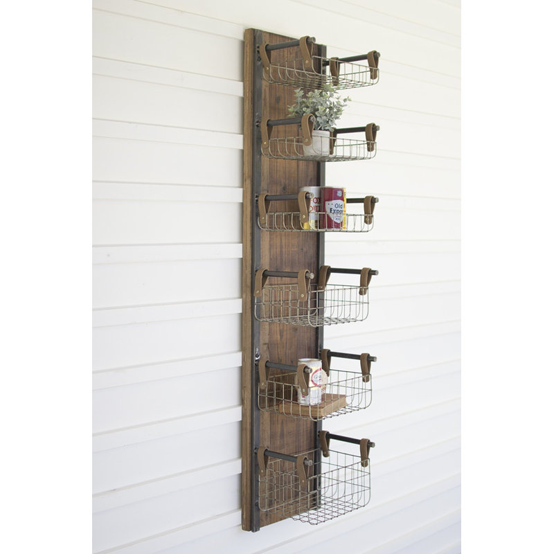Kalalou Recycled Wood Wall Shelf Organizer – Six Metal Wire Baskets