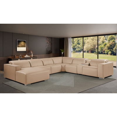 Canapé modulaire en forme de L 7 pièces BEIGE en cuir véritable avec 2 fauteuils inclinables électriques et appuis-tête réglables