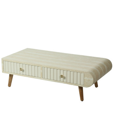 Coffee Table with Veneered Faux Marble Tabletop, Mid Century Modern Coffee Table with Fluted Drawer and Solid Wood Legs, Coffee Table for Living Room, Dining Room, Office
