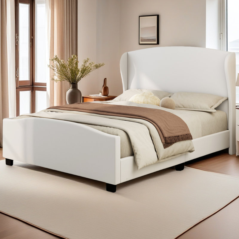 Lit tapissier en lin à tête haute, Beige, Grand lit