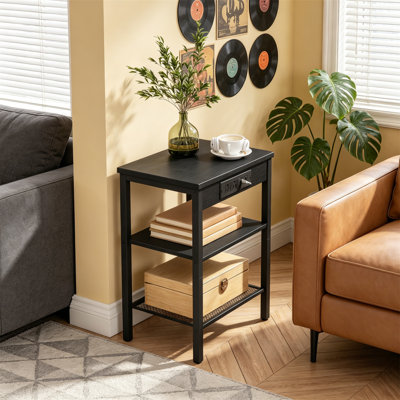 Side Table with Charging Station, 3 Tier Nightstand with Adjustable Shelf, Black