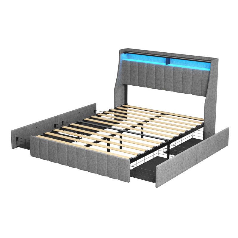 Bed Frame With LED, 4 Under-Bed Portable Storage Drawers, Wings Headboard Design, Light Gray, Queen