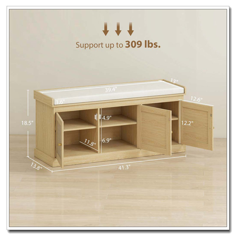Banc de rangement pour chaussures avec portes en rotin tissé, banc de chaussures avec coussin, Chêne / blanc crème