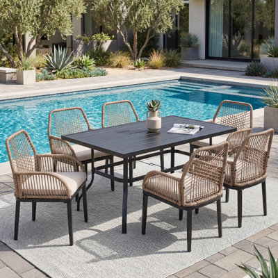 7Pcs Rattan Metal Patio Dining Set With Umbrella Hole, Zippered Cushions