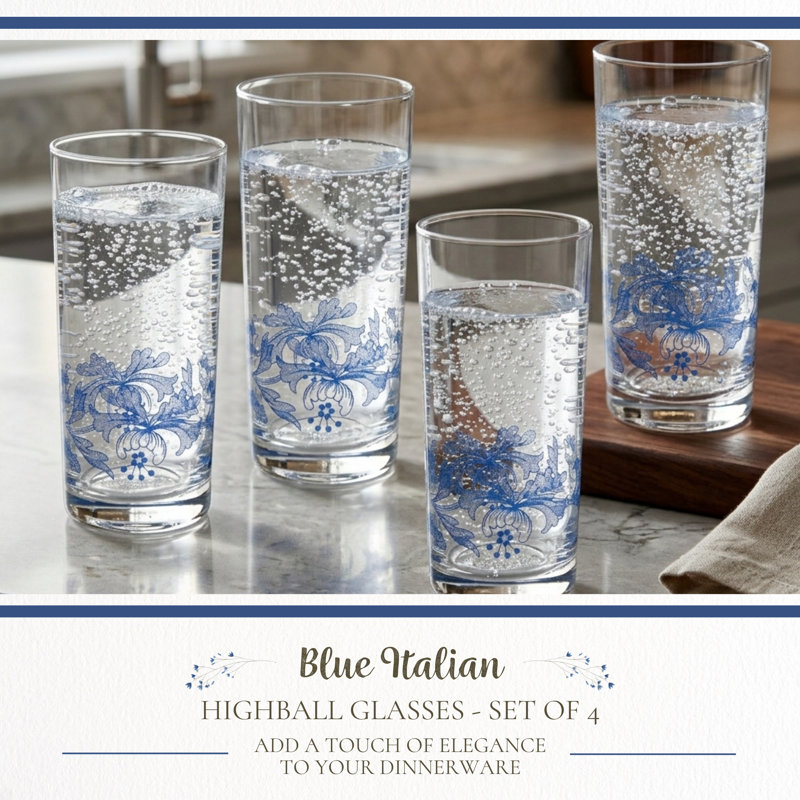 Spode Blue Italian Highball Glasses 15 Oz