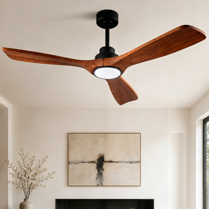 Ventilateur de plafond moderne en bois massif de 52 po à 3 pales avec lumière DEL à intensité variable, 3 tiges, deux tiges verticales et télécommande