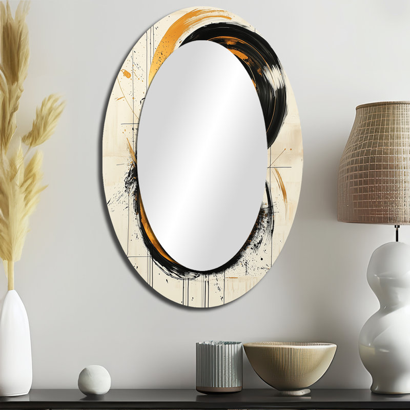 Black And Gold The Art Of Circle Chaos VI - Large Oval Wall Mirror On Metal, 36" x 24"
