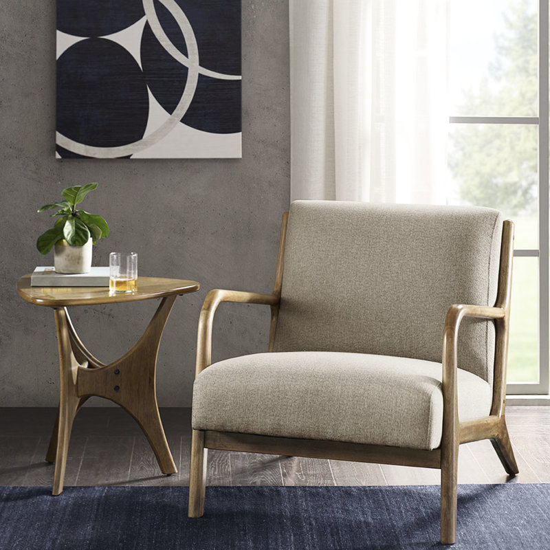Chaise longue confortable en tissu texturé, fauteuil et base en bois de style Mid-Century, Taupe
