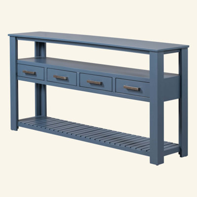 Grande table d'entrée à 4 tiroirs, console peinte avec tablettes ouvertes à 3 niveaux et poignées en métal, table de canapé polyvalente pour le salon, la chambre à coucher, le vestibule et la cuisine