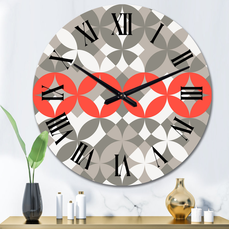 Horloge murale à motif fleur rouge sur fond gris et blanc, Grand