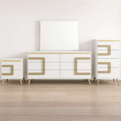 Ensemble de chambre à coucher moderne 4 pièces avec commode blanche et dorée, miroir, commode et table de chevet assortie pour un style contemporain
