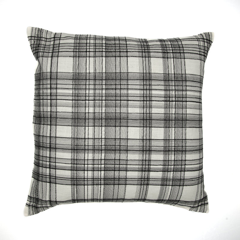 Housse de coussin brodée en coton texturé à carreaux brodés, 24 po x 24 po, Blanc/Noir