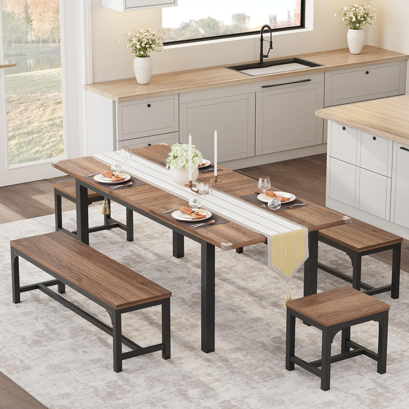 Ensemble de table de salle à manger pour 4 à 6 personnes avec 2 bancs, grand ensemble de table de salle à manger extensible de 63 po pour 4 personnes, ensemble de table de cuisine avec structure en métal et panneau de fibres à densité moyenne, ensemble de table de salle à manger en bois pour 6