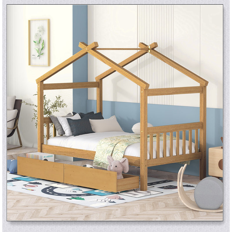 Wooden House Bed With Drawers, Naturel, Lit simple
