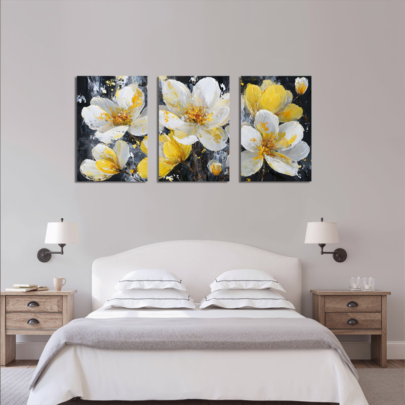 Toile tendue sur châssis, motif floral blanc et jaune, abstrait (paquet de 3), H 18 po x l 36 po