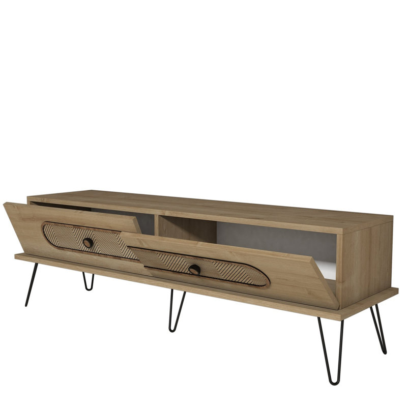 Modern TV Stand with Metal Legs, Oak Color, 57.1 x 17.7 x 15.7 inches | 100% Melamine Coated Particle Board, 0.7-inch Thickness, Wall-Mountable, Multiple Shelves, Scandinavian Geometric Design for Living Room