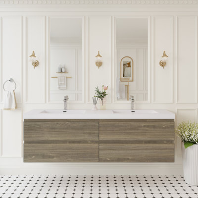 72" Floating Bathroom Vanity Wall-Mounted Storage Vanity with 2 Integrated Resin Top Basins and 4 Soft Close Drawers, Full Assembly