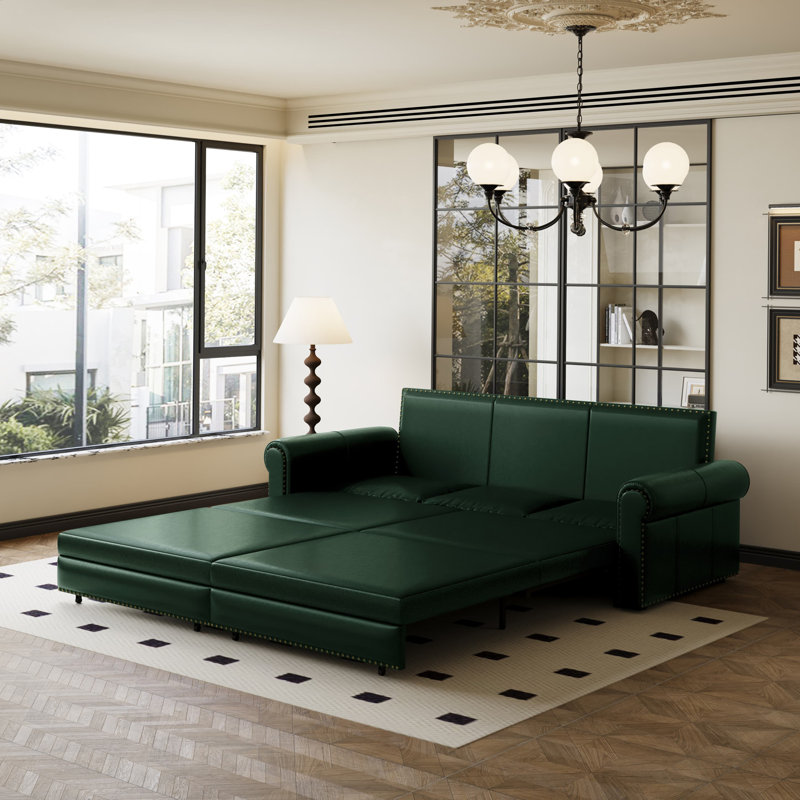 Canapé-lit Chesterfield 3 en 1 en similicuir convertible avec garniture cloutée et accoudoirs roulés, multifonctionnel pour le salon et la chambre à coucher