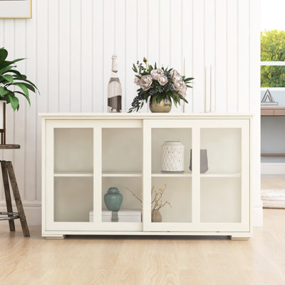 Kitchen Storage Cabinet - White With Glass Door. Crafted For Durability. 2 Sliding Doors And Adjustable Shelf Practical Storage. Painted. Non-Slip Feet Added Stability Constructed From Robust