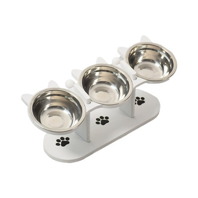 Wooden Pet Bowl Stand Three Bowl Style Adjustable Tilted Raised Food Bowl Feeder, 16.85x6.29x5.9 in, White
