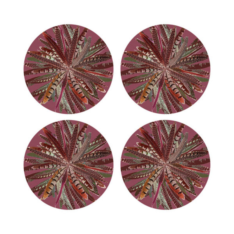 Pheasant Feathers Vegan Leather Round Pebble Placemat, Mauve