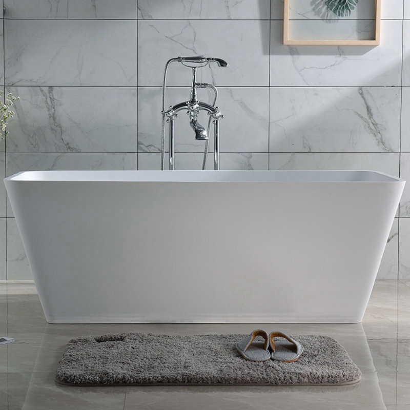 Simple White Rectangular Artificial Stone Bathtub 59'' W 21.8'' H Frameless Offset Curved Tub & Shower Kit