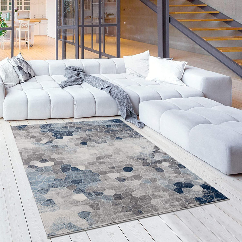 Tapis bleu marine à motif pavé, Rectangle 4 pi x 6 pi