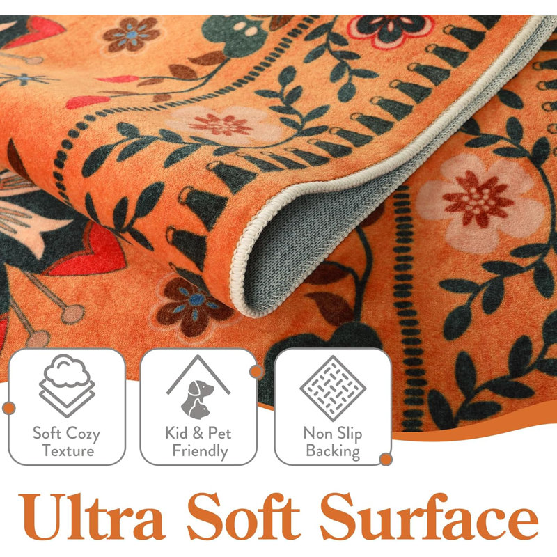  Goldene Boho Washable Botanical Orange Area Rugs for Living Room, Low-Pile Floral Rug with Non Slip Backing For Bedroom Dining Room