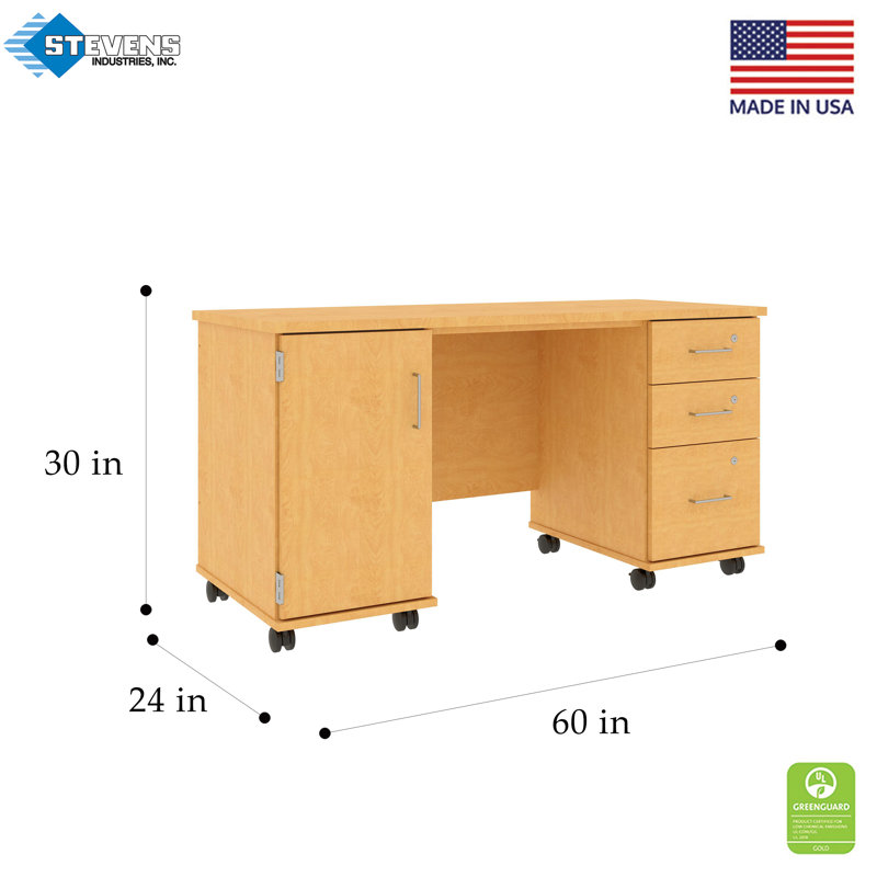 Bureau mobile avec tiroirs de rangement verrouillables et armoire latérale, Érable