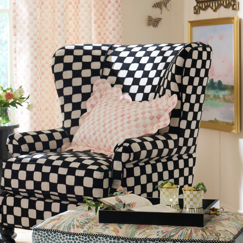 Rosy Check Reversible Scalloped Pillow, Pink/White, Square 20"