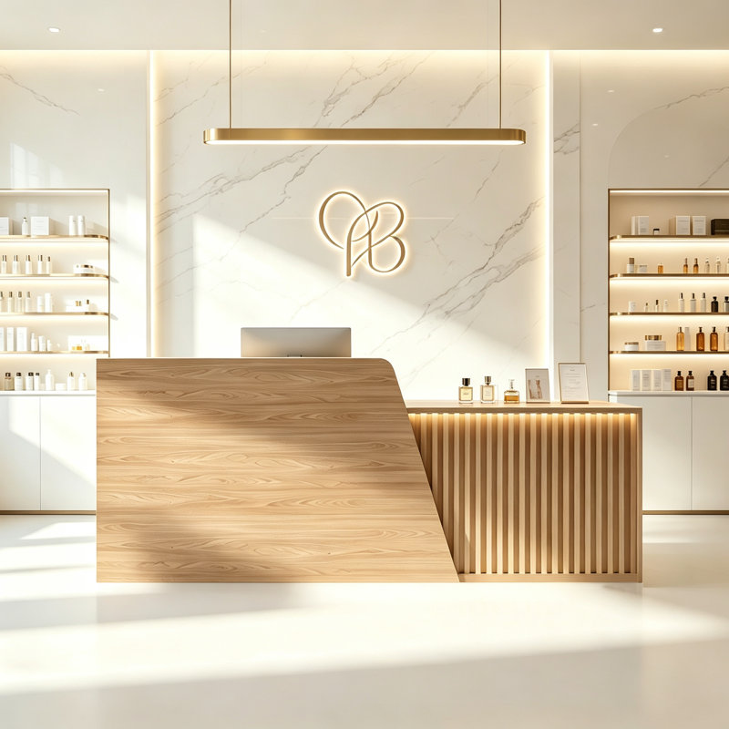Comptoir de réception moderne moderne avec éclairage à DEL, tiroirs de rangement verrouillables et poste de travail pour hall d'entrée