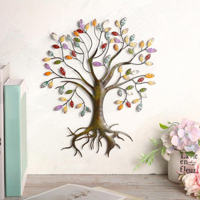 Sculpture murale en métal en forme d'arbre - Tronc d'or avec feuilles colorées; convient à la décoration intérieure et extérieure.