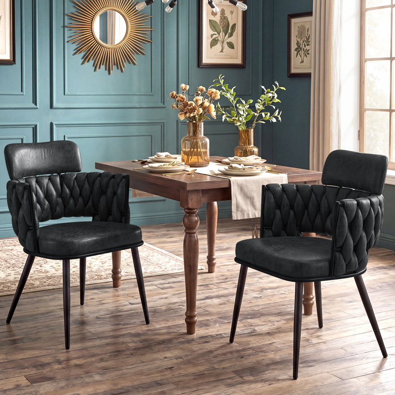 Chaise d'appoint moderne avec accoudoirs tissés Mid Century, Black Faux Leather, 2