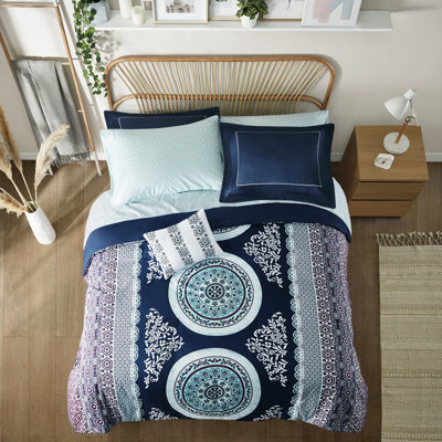 Édredon pour lit simple TG et drap - Motif de médaillon corail, tissu en microfibre, avec microfibre douce et feuilles