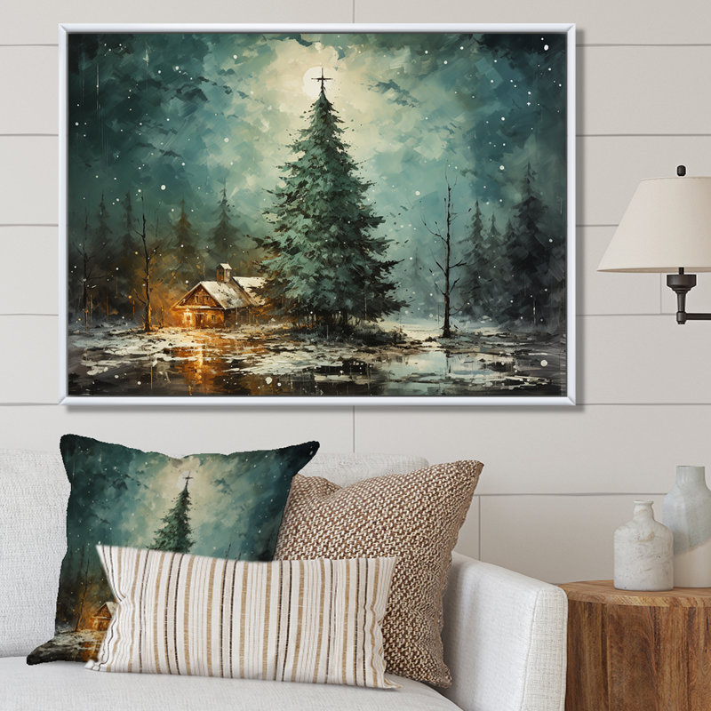 Minimalisme, arbre de Noël forêt I - pin, art mural pour salon, Cadre flottant brun, H 24 po x l 32 po x P 1 po