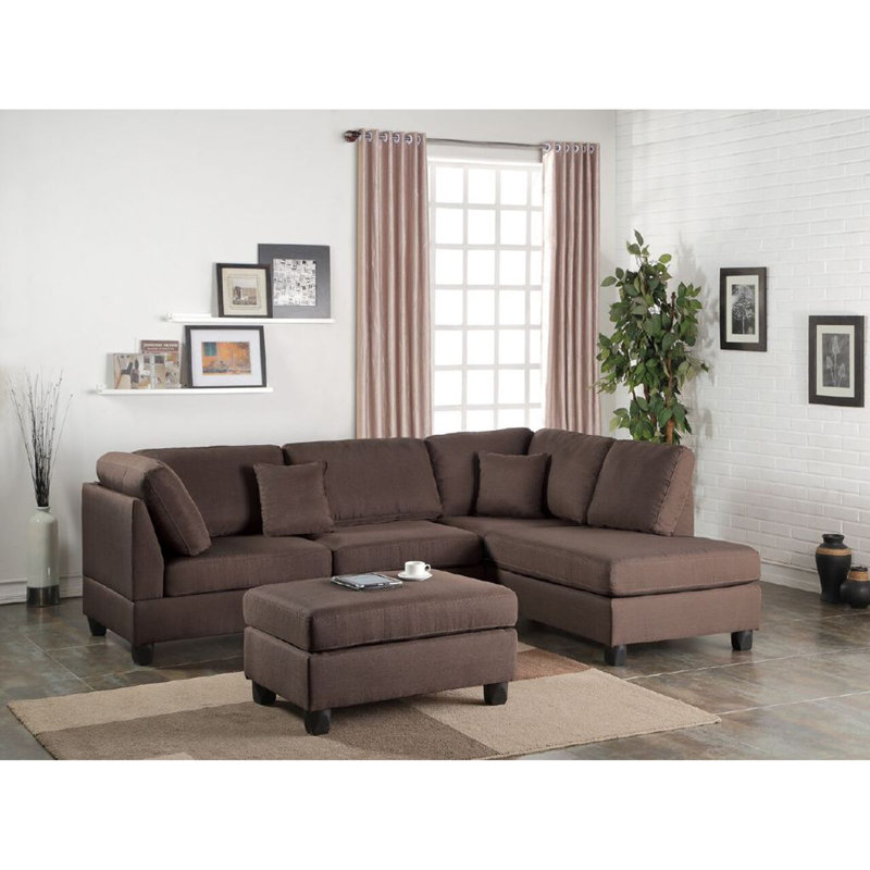 3 pièces Canapé modulaire réversible pour canapé de salon et repose-pieds en polyfibre, Tissu chocolat