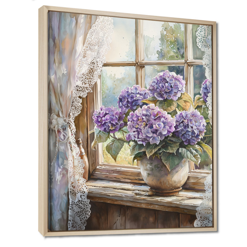 Hydrangeas By The Farmhouse Window II - Hydrangea Canvas Print, 32" H x 24" W, Floater Framed Print, Cream