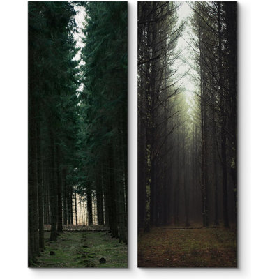 Misty Forest Landscape Green Tree Vertical Canvas 2 Pieces Photograph Pictures Print Wall Decor