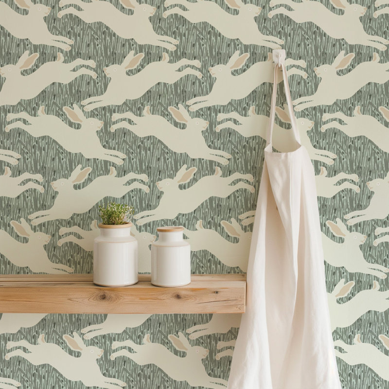 Hopping Hares - Wallpaper, Blush Grass, Faux Grasscloth