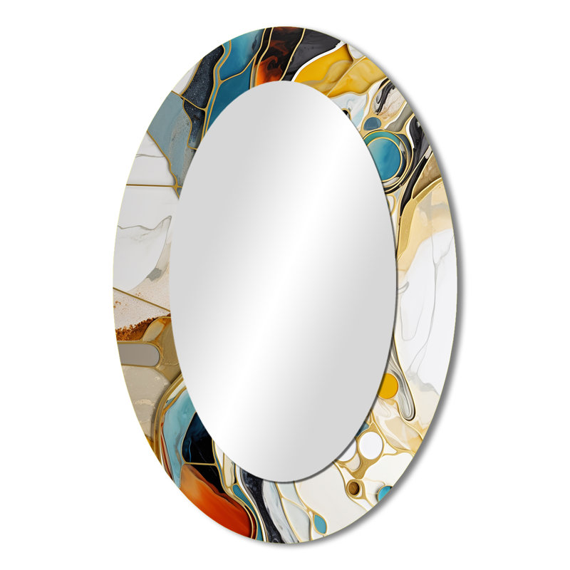 Abstraction à encre liquide bleue et jaune Harmony III - Miroir décoratif ovale abstrait sur métal, H 36 po x l 24 po