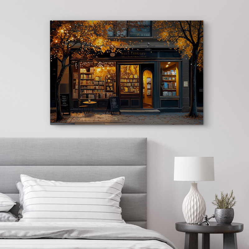 Whimsical Autumn Street Free Library with Fairy Lights Art Print Pictures Canvas Print Wall Art, Wrapped Canvas