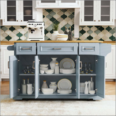 Kitchen Island With Rubber Wood Drop Leaf, Embossed Texture Rolling Kitchen Cart On 4 Wheels With 4 Doors And 3 Drawers, Kitchen Island With Storage For Kitchen, Dining Room