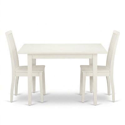 Linen White Wood Rectangle 3 Piece Dinette Set With Butterfly Leaf And Slatted Back Chairs For Small Spaces